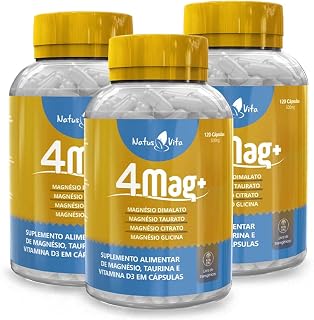 Magnésio Glicina + Dimalato + Citrato + Taurato + Vitamina D3 (Kit 3 und. 360 cápsulas)