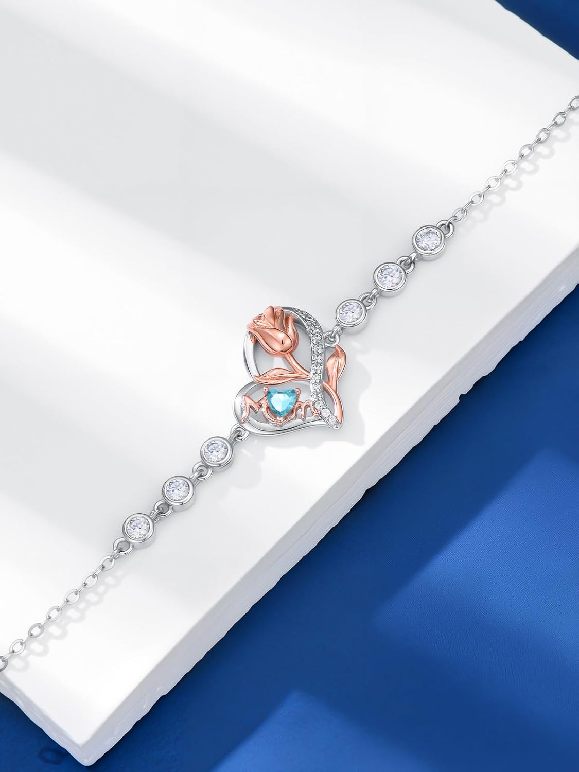 Mom Birthstone Charm Link Bracelet 925 Sterling Silver Rose Heart Mom Bracelet with 12 Months Birthstone Mother's Day Gift Jewelry Gifts for Women,Chain Length 7"+2" Extend - Image 4