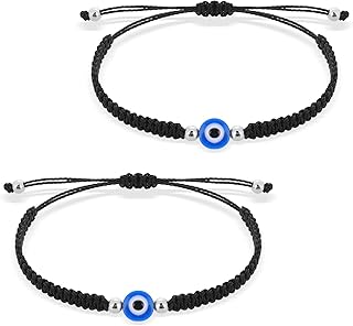 Lot de 2 bracelets mauvais œil bleu - Réglable - Fabriqué à la main - Cordon noir - Pour couples - Amitié - Porte-bonheur, 16 cm/6,3 Zoll, résine, fil ciré