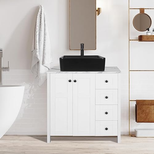 32" White Bathroom Vanity with Marble Texture Top and 4 Drawers, Modern Standing Pedestal Cabinet with Black Ceramic Sink