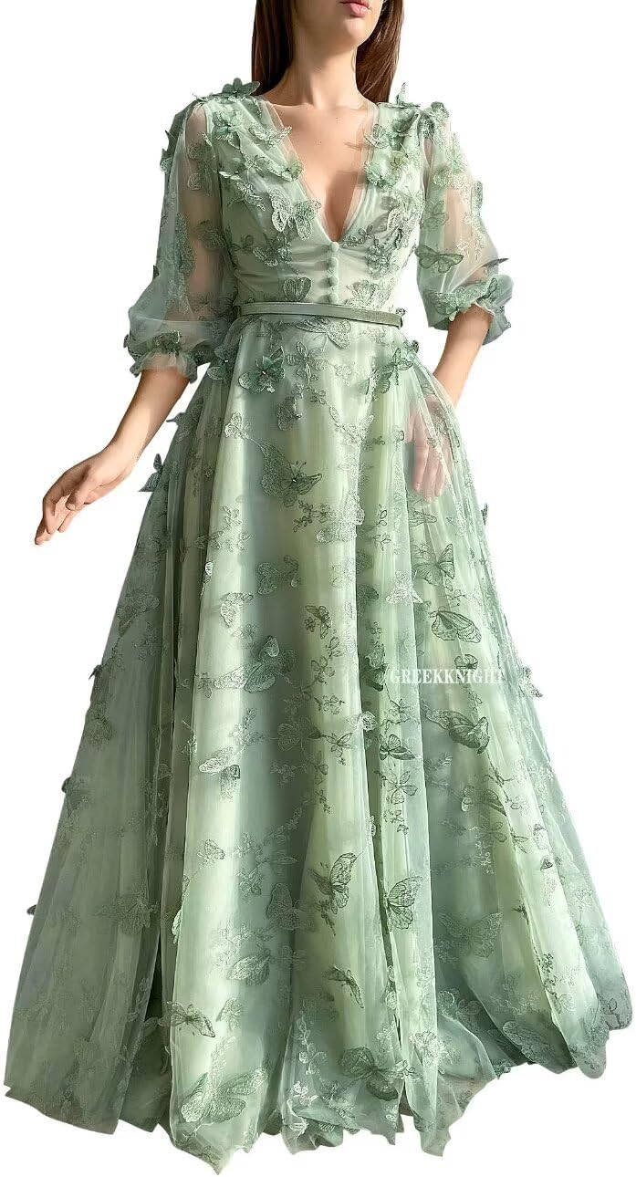 Women's Puffy Sleeve Prom Dresses 3D Butterfly Long V Neck Tulle Ball Gown Formal Evening Party Gown