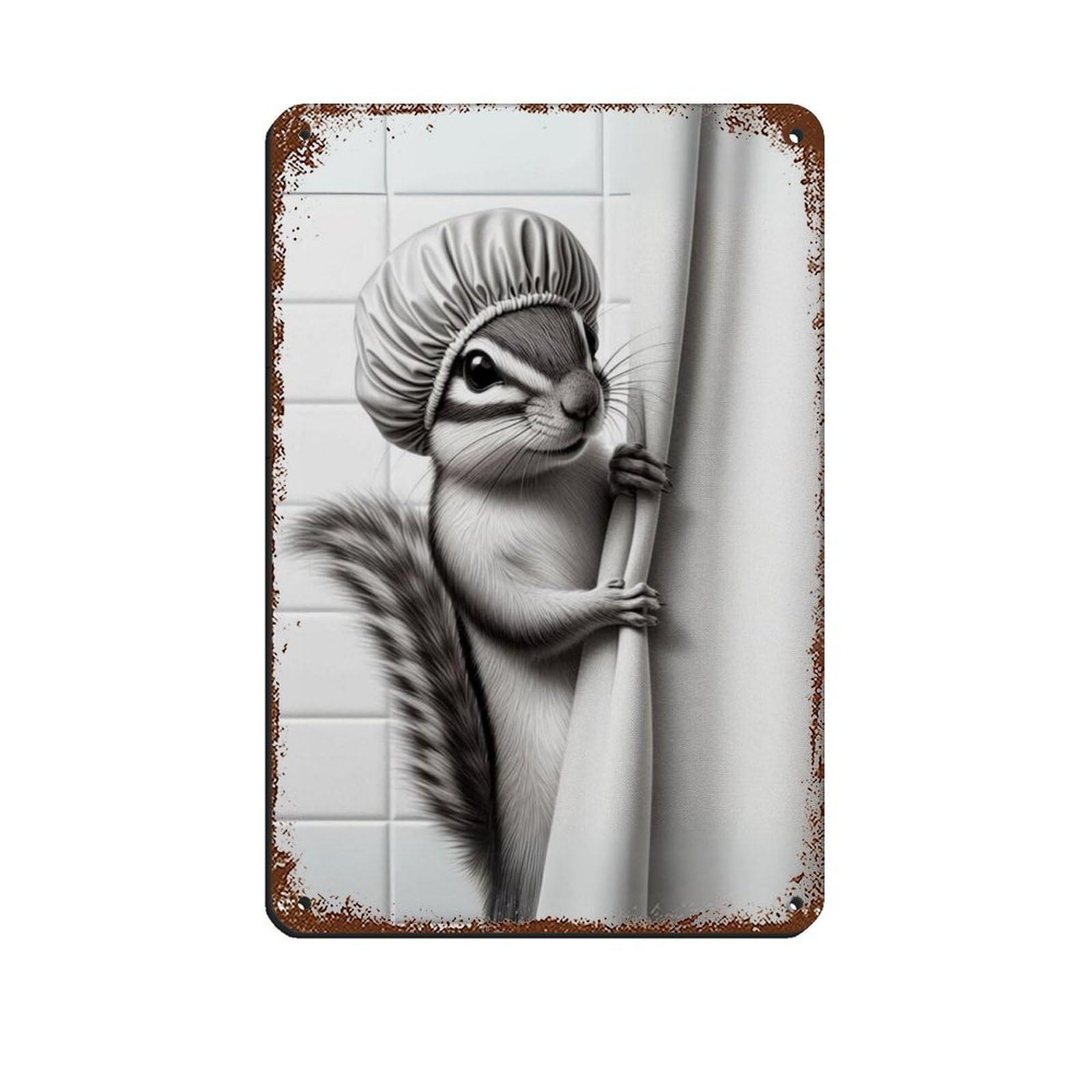 Chipmunk Bathroom Art,Peeking Out of Shower Curtain Retro Poster Metal Tin Sign Chic Art Retro Iron Painting Bar People Cave Cafe Family Garage Poster Wall Decoration 8x12inch(20x30cm)