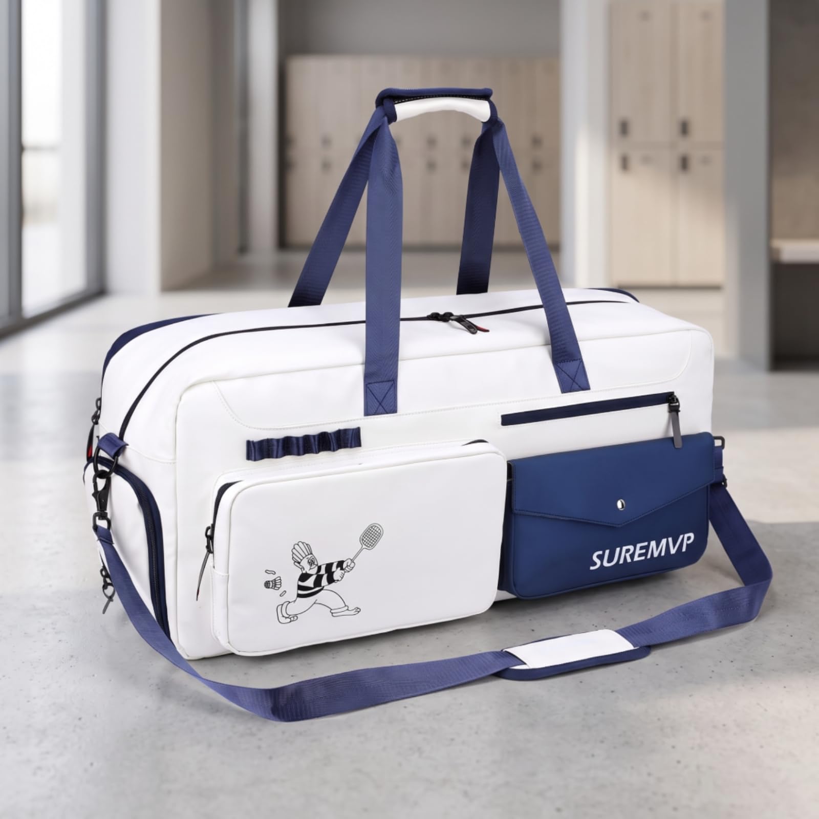 harayaa Borsa Porta Racchette Borsa Tennis Borsa Sportiva Custodia Attrezzatura Borsone Palestra con Tasca Scarpe Separata E Fodera Termica in Poliestere, Array, Bianco E Blu