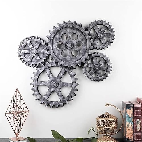 EESHHA Arte de pared vintage con rueda de engranaje, decoración de pared de madera, escultura de pared de madera estilo steampunk industrial, rueda