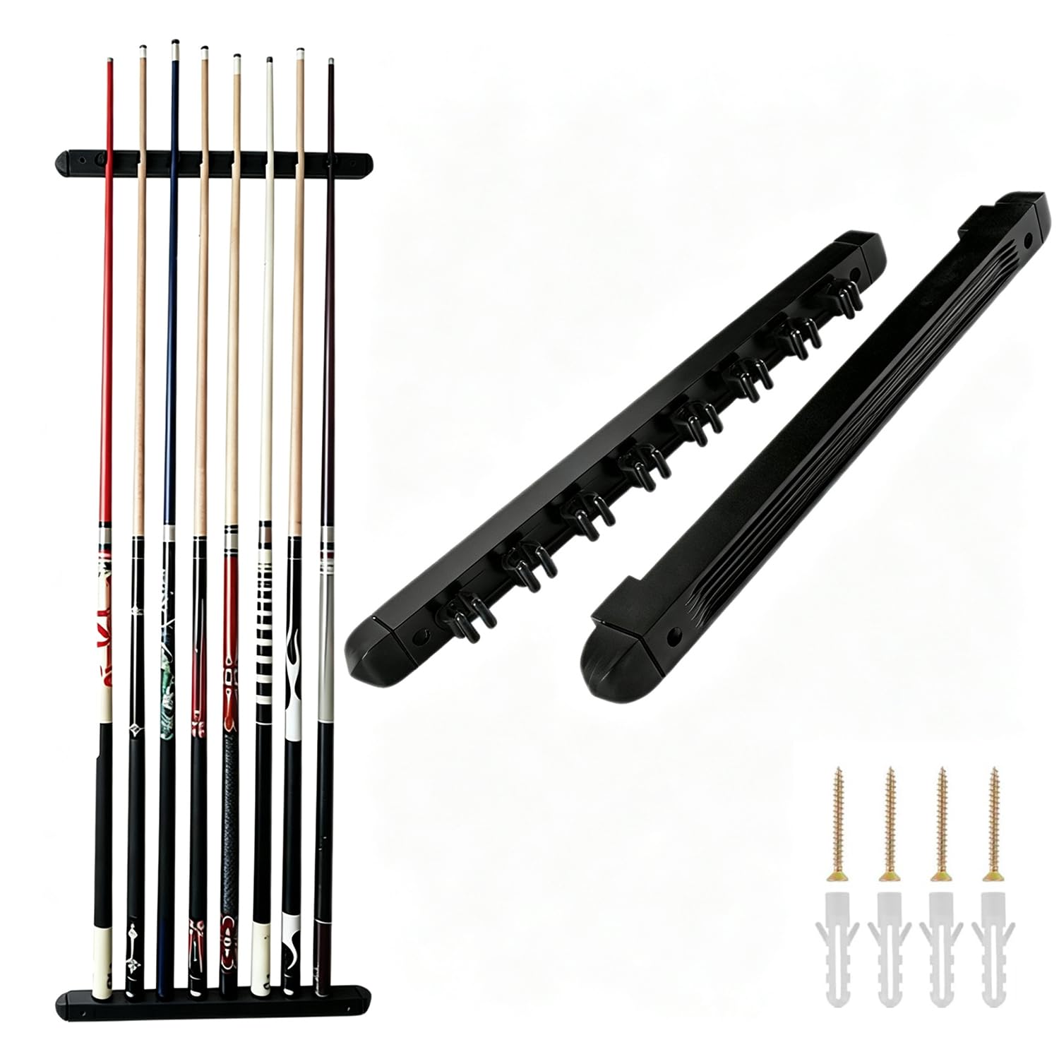 Sinkkuma Wooden Billiard Cue Sticks Rack,2-Piece 6/8 Billiard Pool Cue Rack Wall Mounted Holders (black, 8 cue)