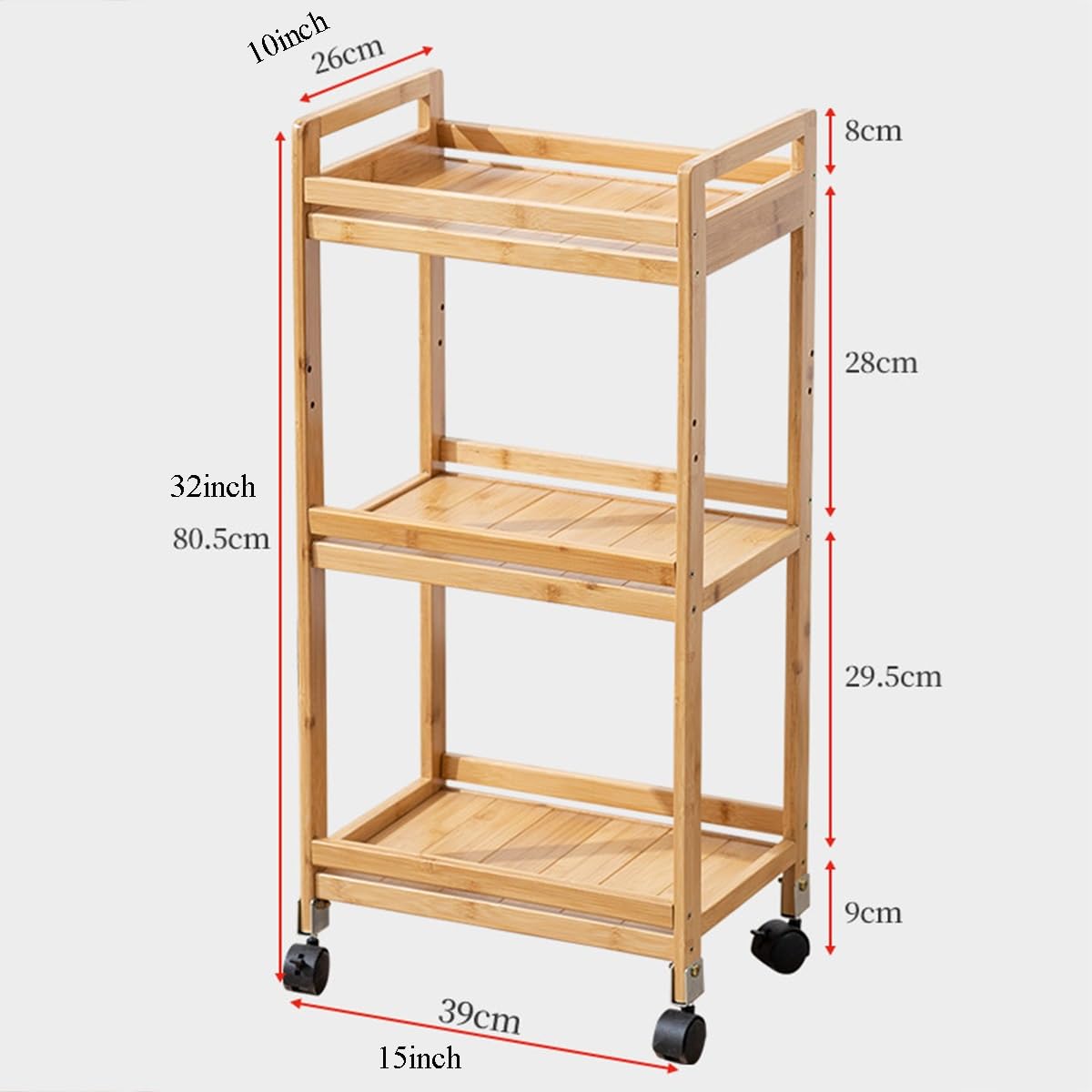 Carrito de cocina con ruedas de 3 niveles, carrito delgado que ahorra espacio con asa, organizador de estantería de madera para espacios pequeños, 81 cm