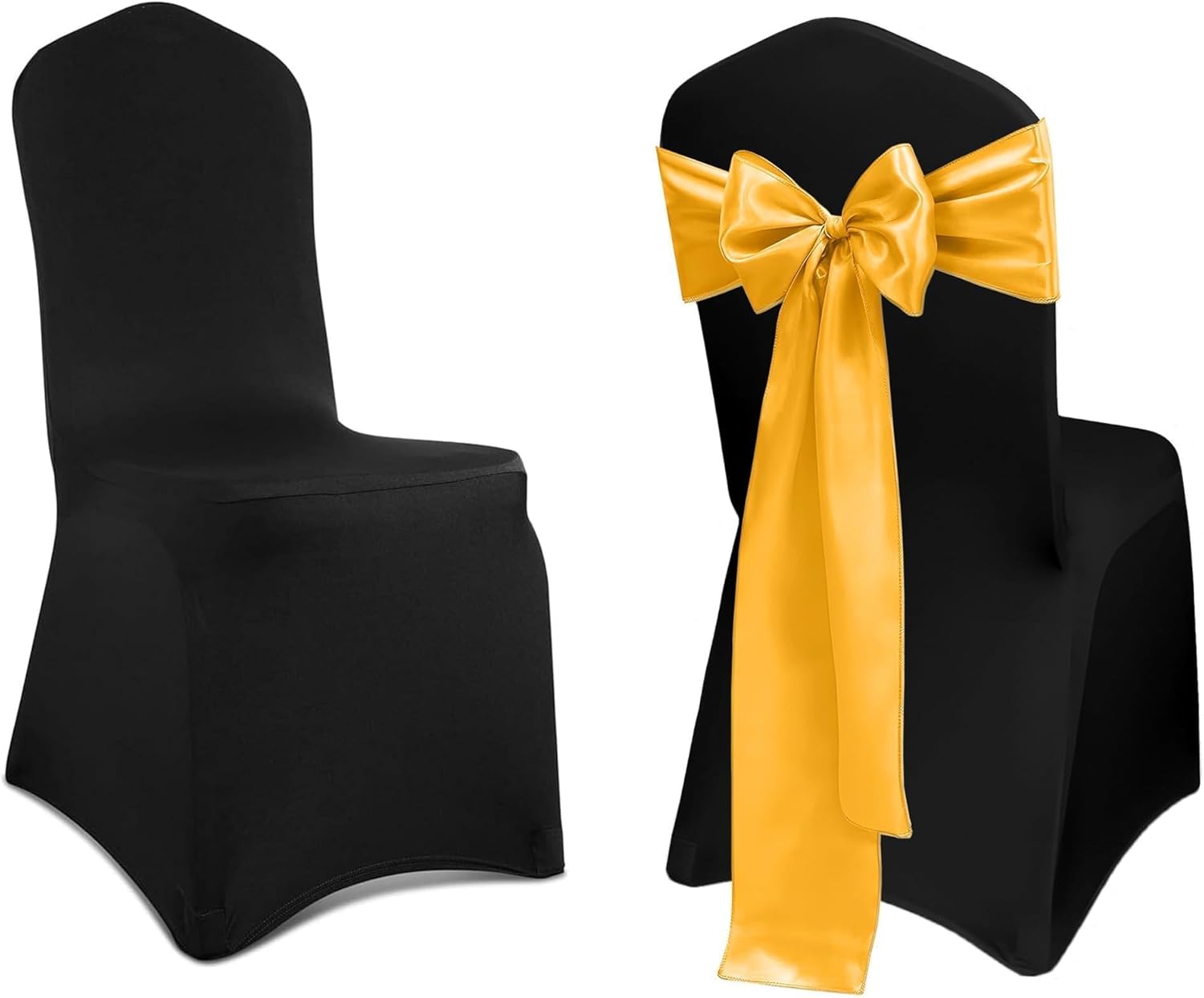 Black Chair Covers 40ps & Gold Satin Chair Sashes Bows 50pcs for for Party, Wedding, Holidays, Banquet, Celebration