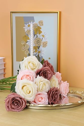 Miniatura 3 de Rosas artificiales, rosas artificiales, rosa falsa de seda, flores falsas de aspecto real con tallos para ramos de boda, mesas, centros de mesa,