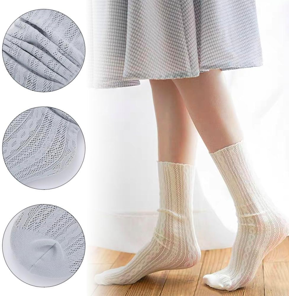 6 Pairs Women Lace Socks Mesh Sheer Ankle Socks Summer Through Transparent Thin Tulle High Sock Decorated Slouch Socks