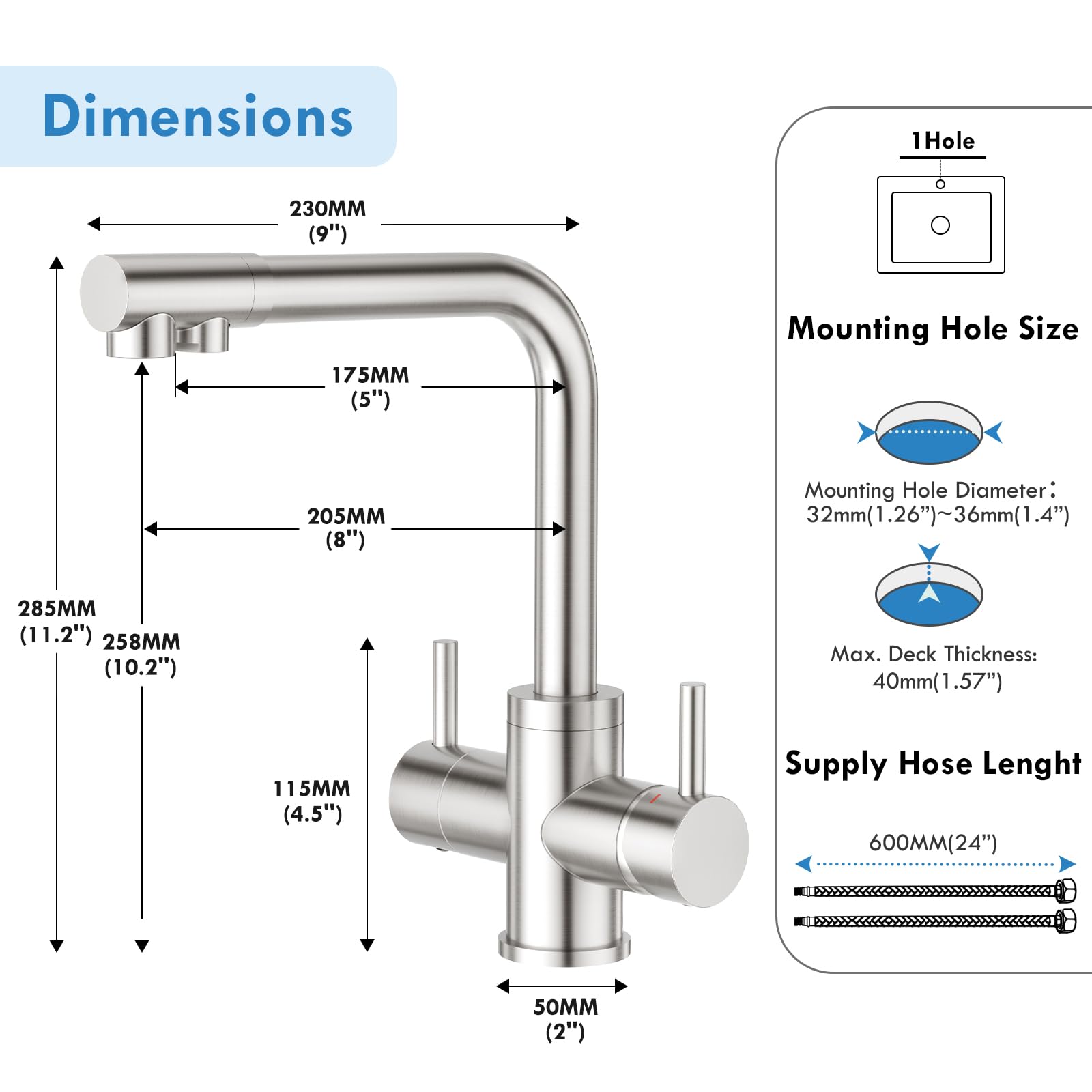 Robinet 3 Voies d'évier Cuisine Double Levier Mitigeur avec Eau Potable pour Systèmes Filtre d'Osmose, brossé
