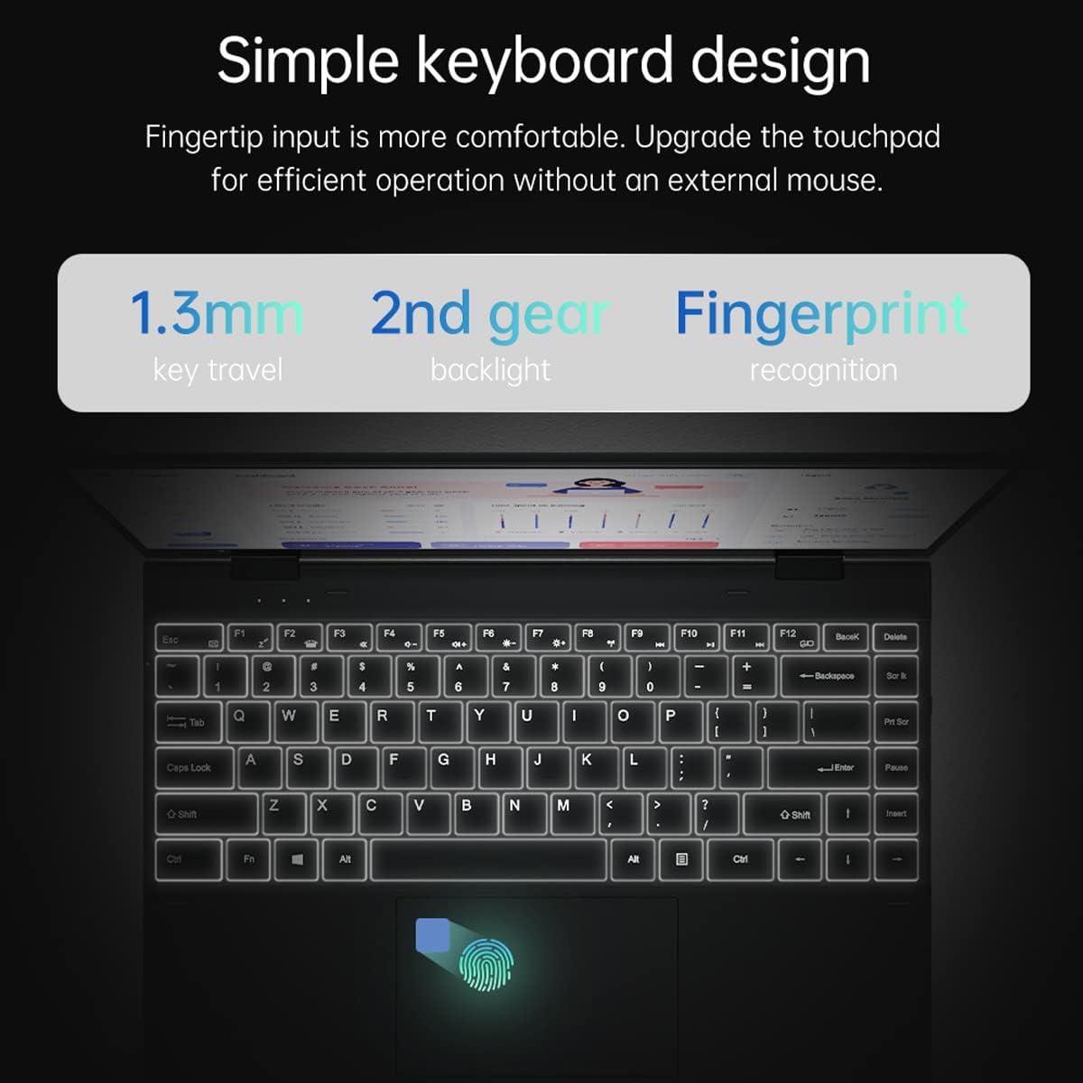 Close-up of the KUU FLEXONE keyboard and touchpad with fingerprint reader.