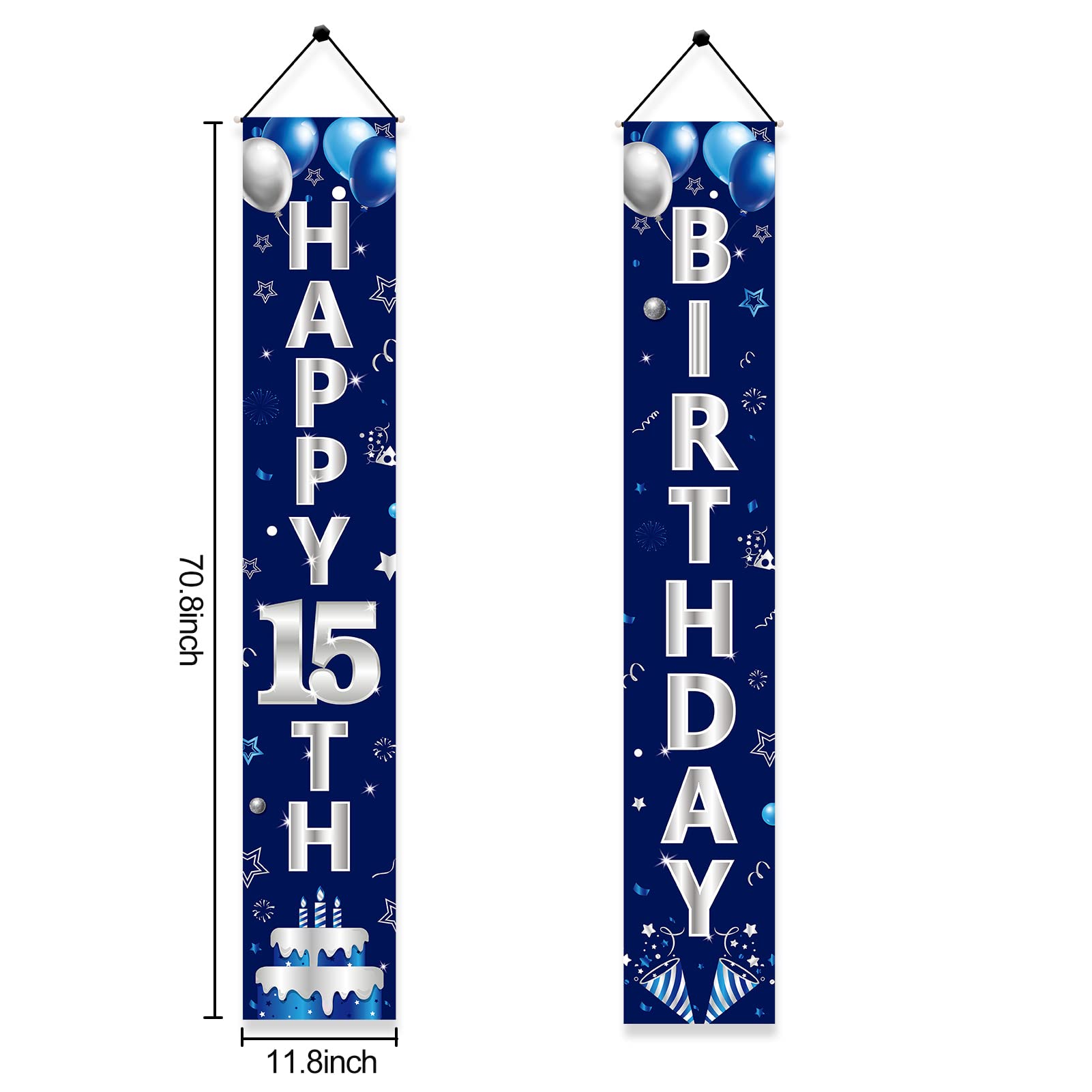 Happy 15th Birthday Türbanner & Veranda Schild – Blau-Silber, Große Deko Für Geburtstagsfeiern