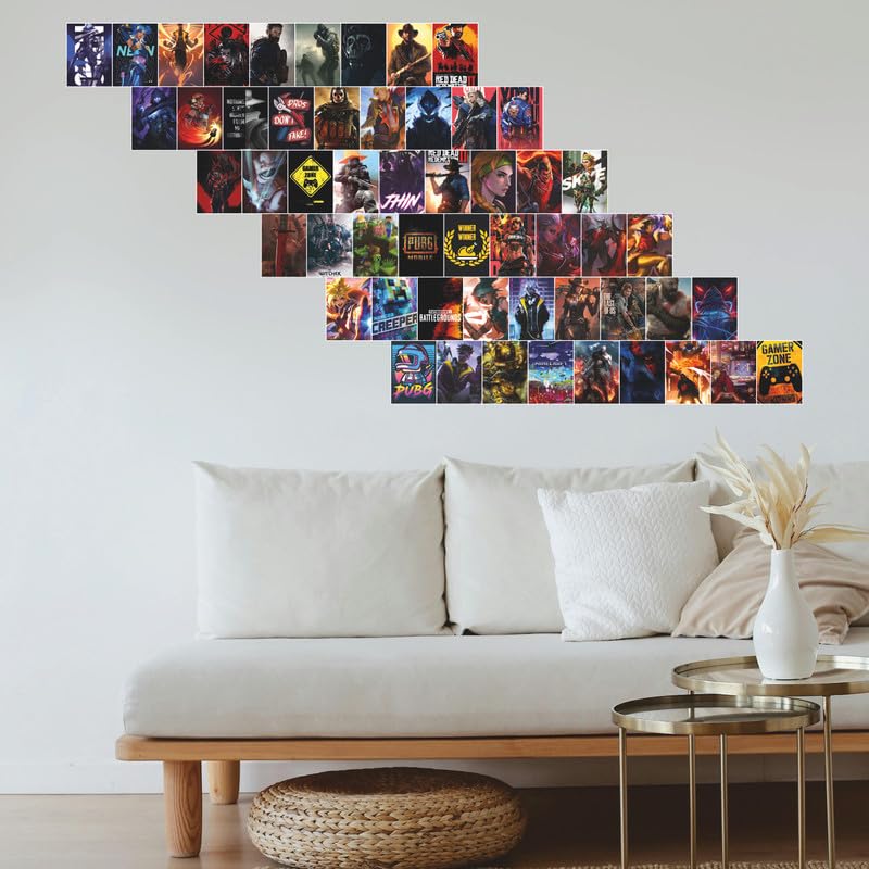 Image of POSTERONN Gaming Aesthetic Wall Collage Kit Set of 54 4x6 Inch Premium Cardstock Posters with Glue Dots Gamer Wall Art for Bedroom Setup Dorm Office Console Theme Room Decoration