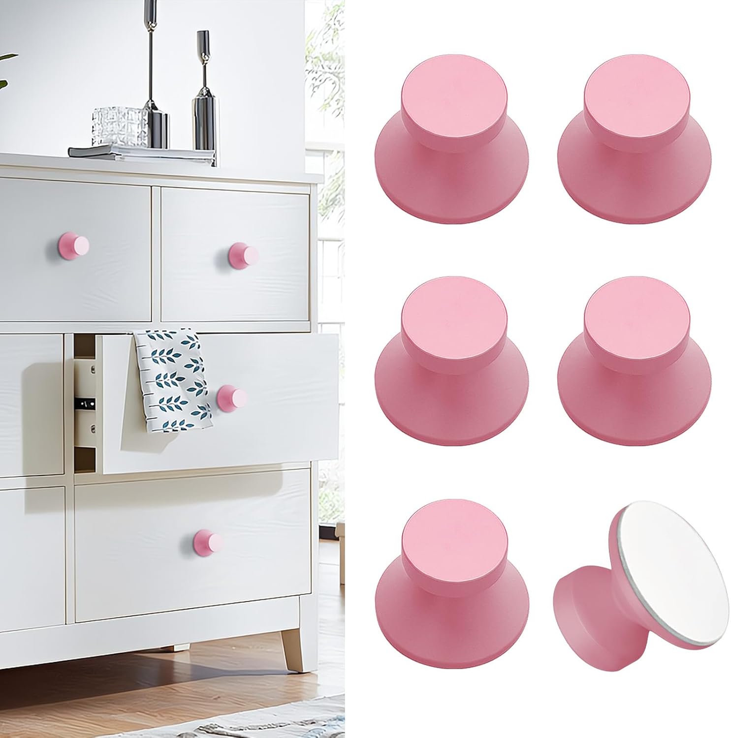 6 Pack Grayish Green Aluminum Self-Stick Knobs Self-Adhesive Drawer Knobs Cabinet Handle Push Pull with Adhesive Knob for Cupboard Cabinet Dresser Window