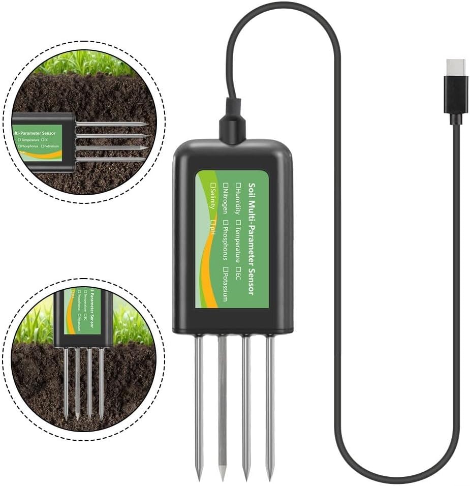 USB Soil Sensor for Android and For Hongmeng OS, Features Waterproof and Rust Proof Probe, Tests Moisture, pH, Temperature, Conductivity, Salinity, and NPK Nutrients
