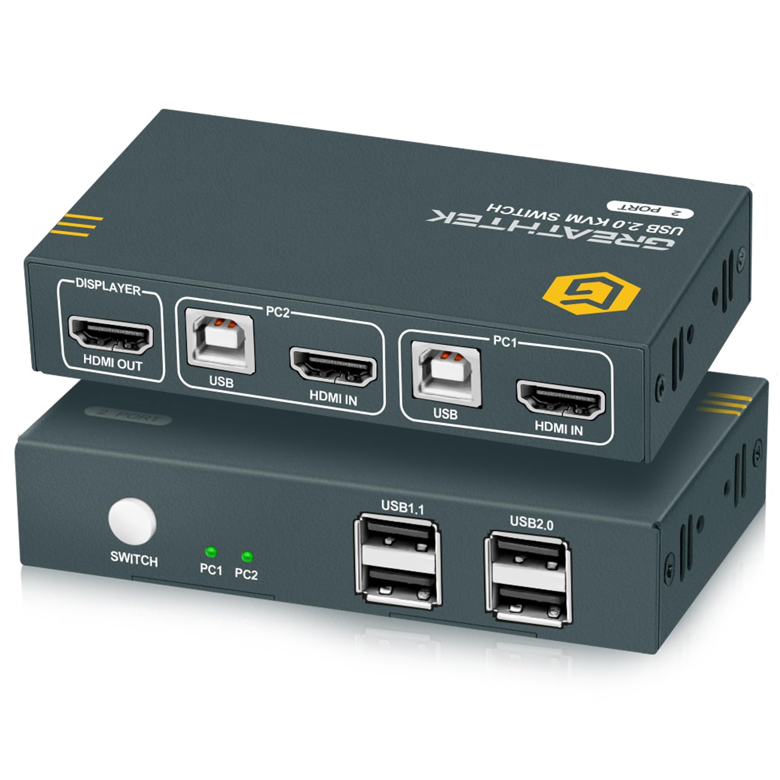 HDMI 2 Port KVM Umschalter 1 Monitor 2 Computer mit 4 USB2.0 Ports 4K@30Hz, Unterstützt 2 Computer, Die Sich Einen Monitor und USB Geräte Teilen, Button Switch