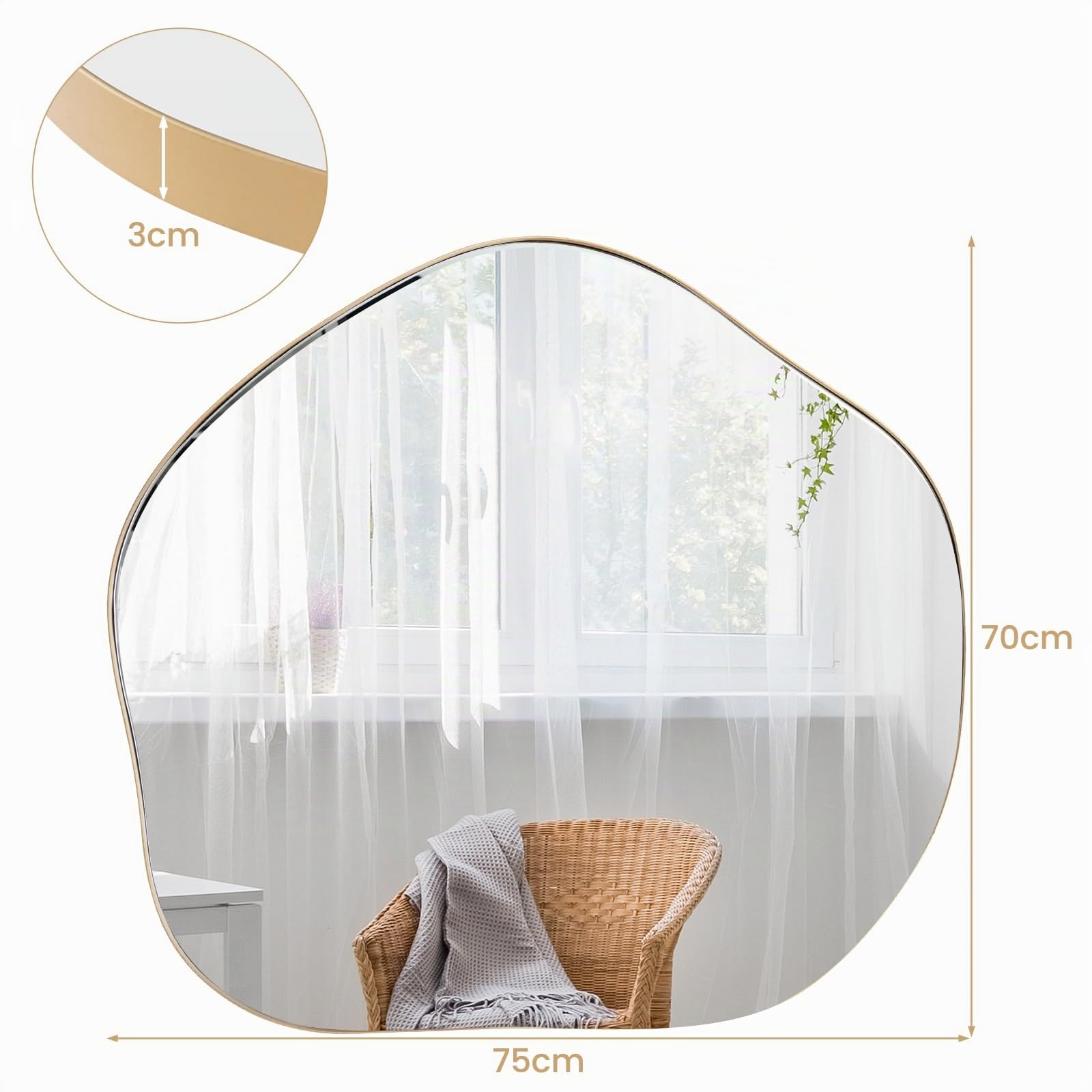 LIFEZEAL Specchio decorativo, irregolare con cornice in metallo, asimmetrica, da appendere in bagno o camera da letto, 75 x 70 cm