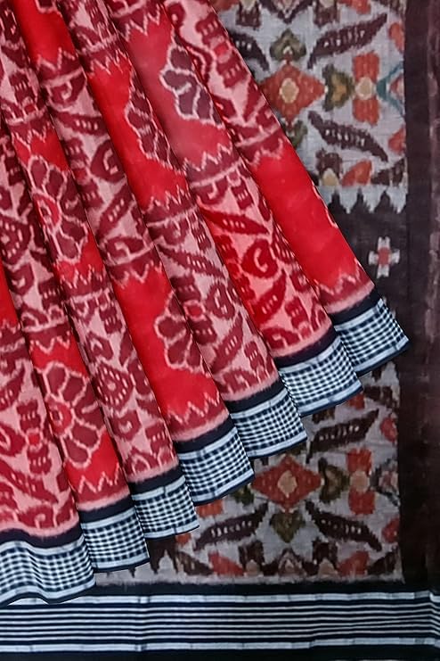 Image of Ikat Women's Cotton Saree, Handmade Pure Cotton Khandua Saree, Ikkat Orissa Traditional Handloom Saree without Blouse