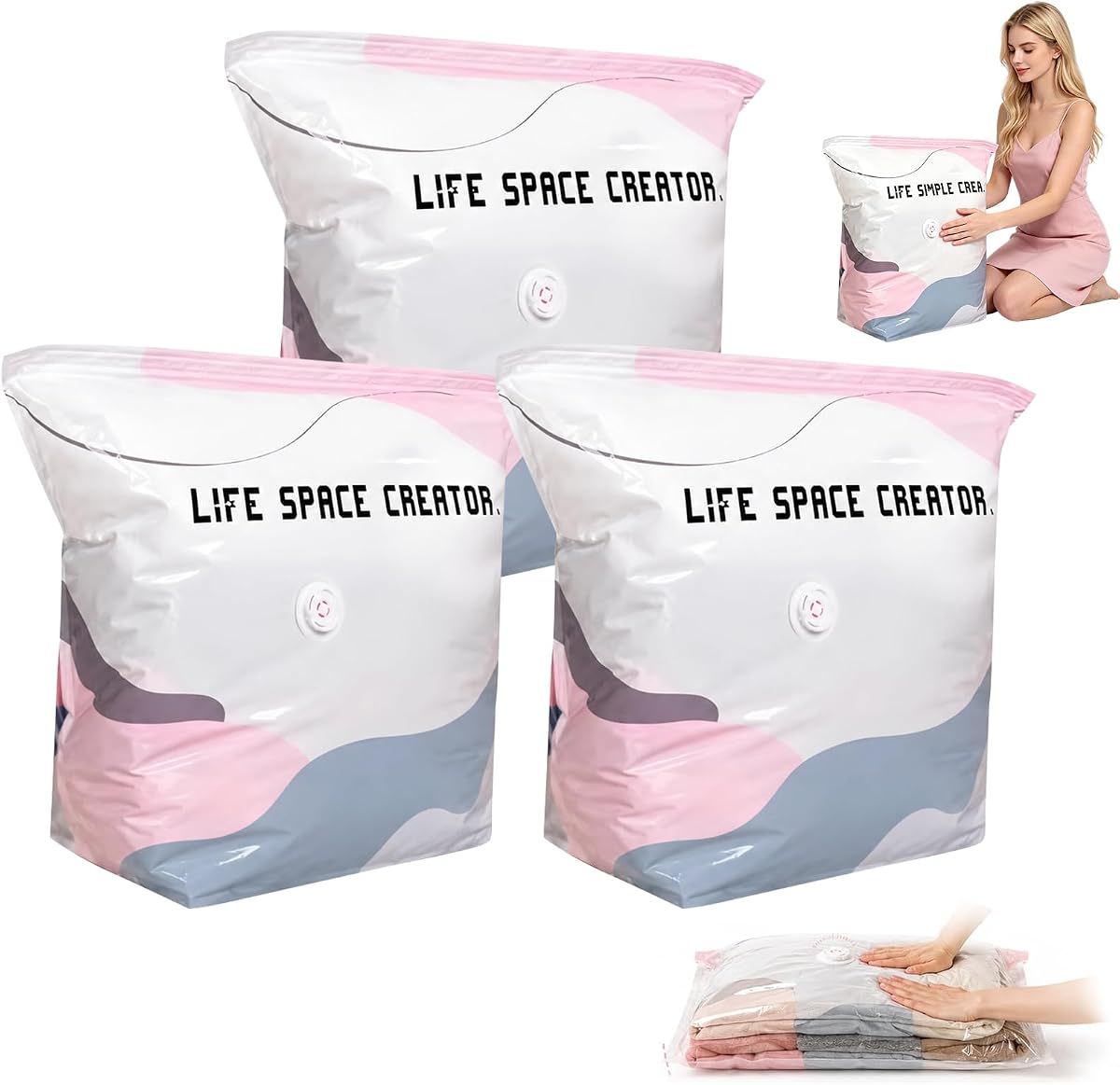 Paquete de 3 bolsas de almacenamiento al vacío sin bomba, bolsas de almacenamiento de compresión de cubos que ahorran espacio, bolsa de compresión de almacenamiento al vacío grande 3D sin bomba para ropa y ropa de cama (27.6" × 19.7" × 12.5")