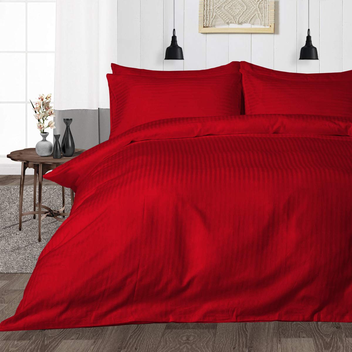 Zippered 200 TC Satin Stripe Queen Size Duvet Cover Quilt Cover Blanket Cover Razai Comforter Cover with 2 Pillow Covers - (90" X 102")- Red-image-8
