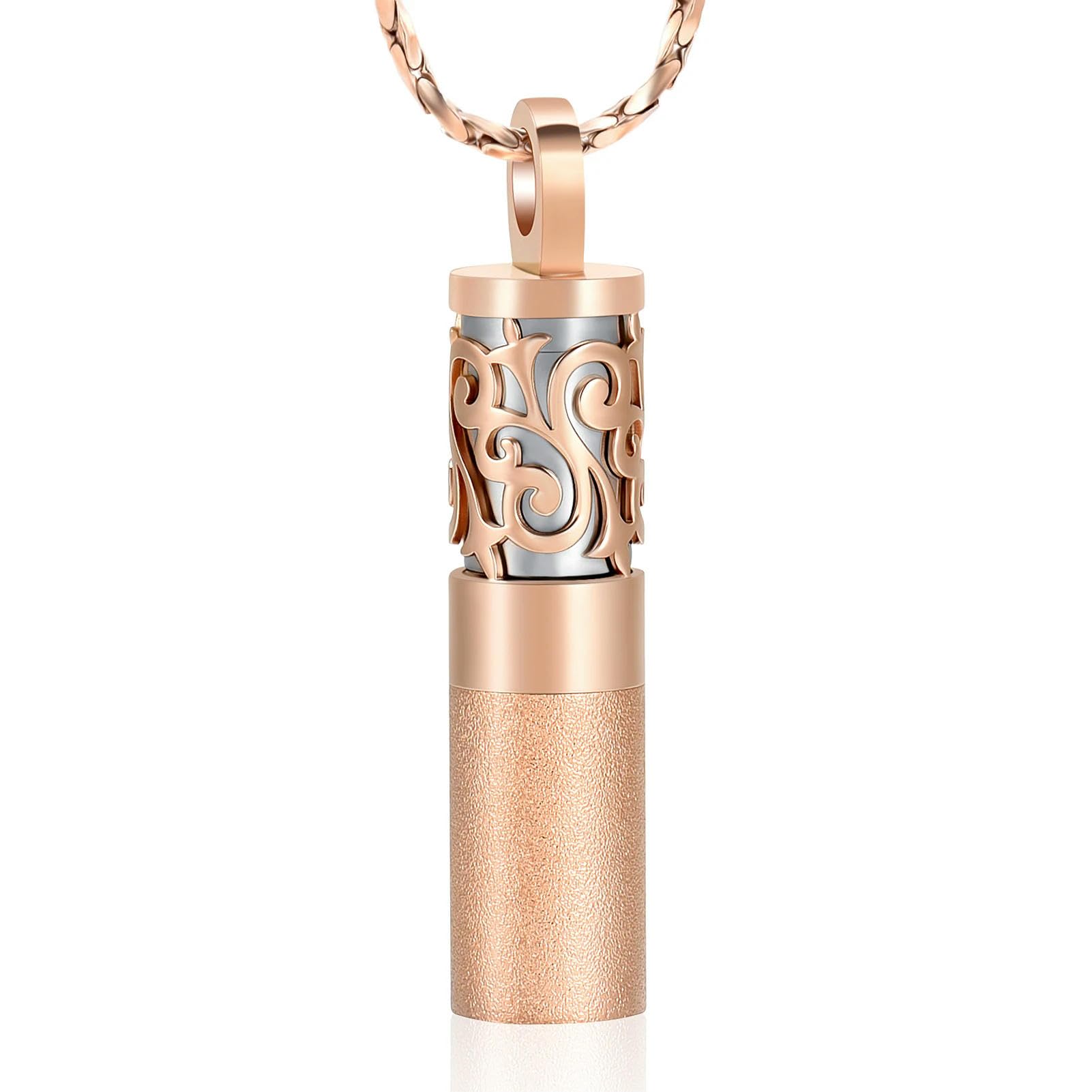 Collier urne cylindrique en acier pour cendres - Pendentif Or Rose