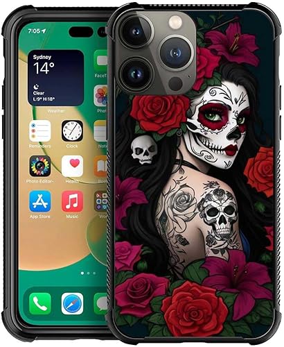 Funda compatible con iPhone 13 Pro, diseño de calavera de rosa, a prueba de golpes, antiarañazos, carcasa trasera de policarbonato duro para iPhone