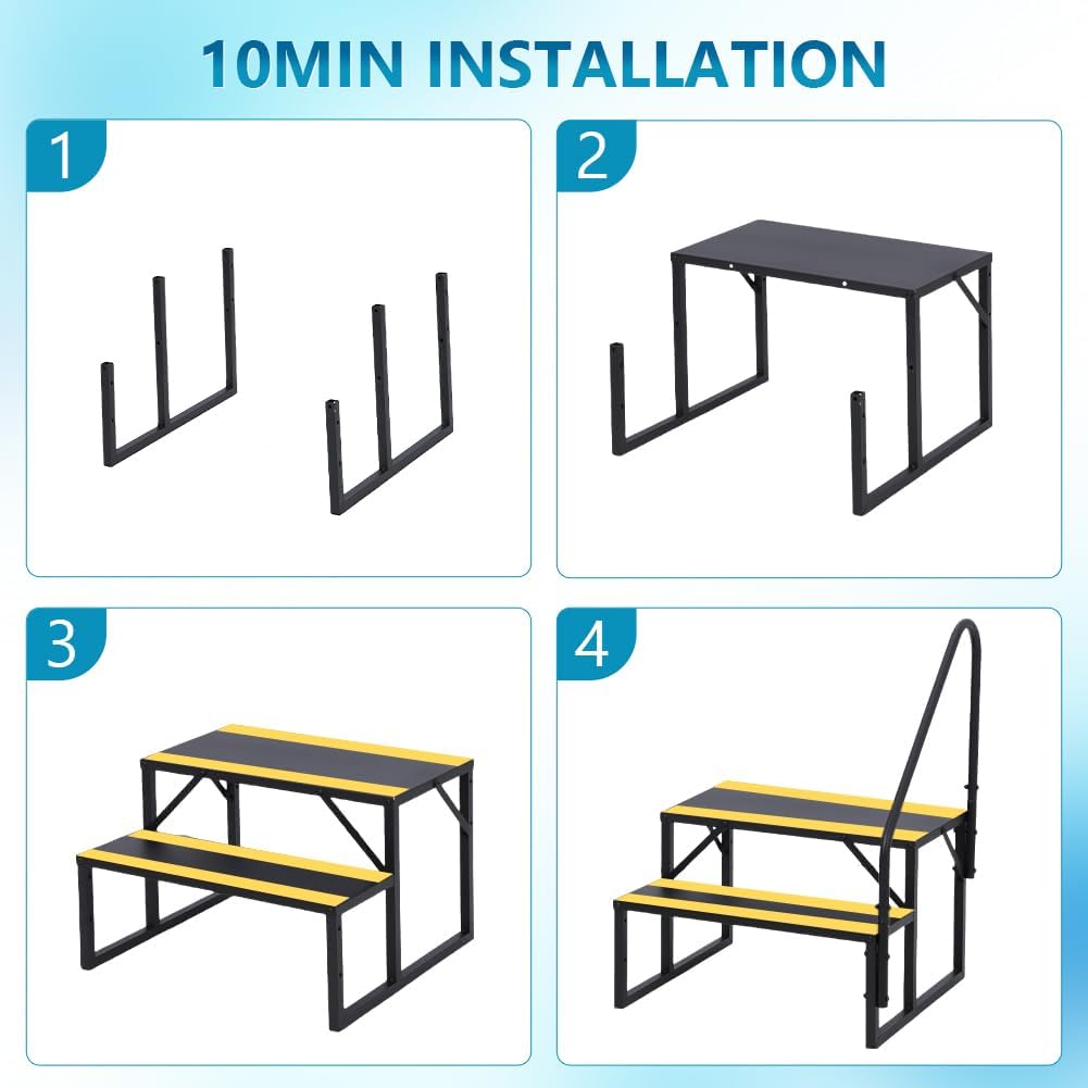 Escalier extérieurérieur Robuste pour Camping-Car – 2 marches antidérapantes avec Main Courante surélevée – Acier Pliant Portable, idéal Caravane, Spa, Piscine – Sécurité renforcée, Noir et