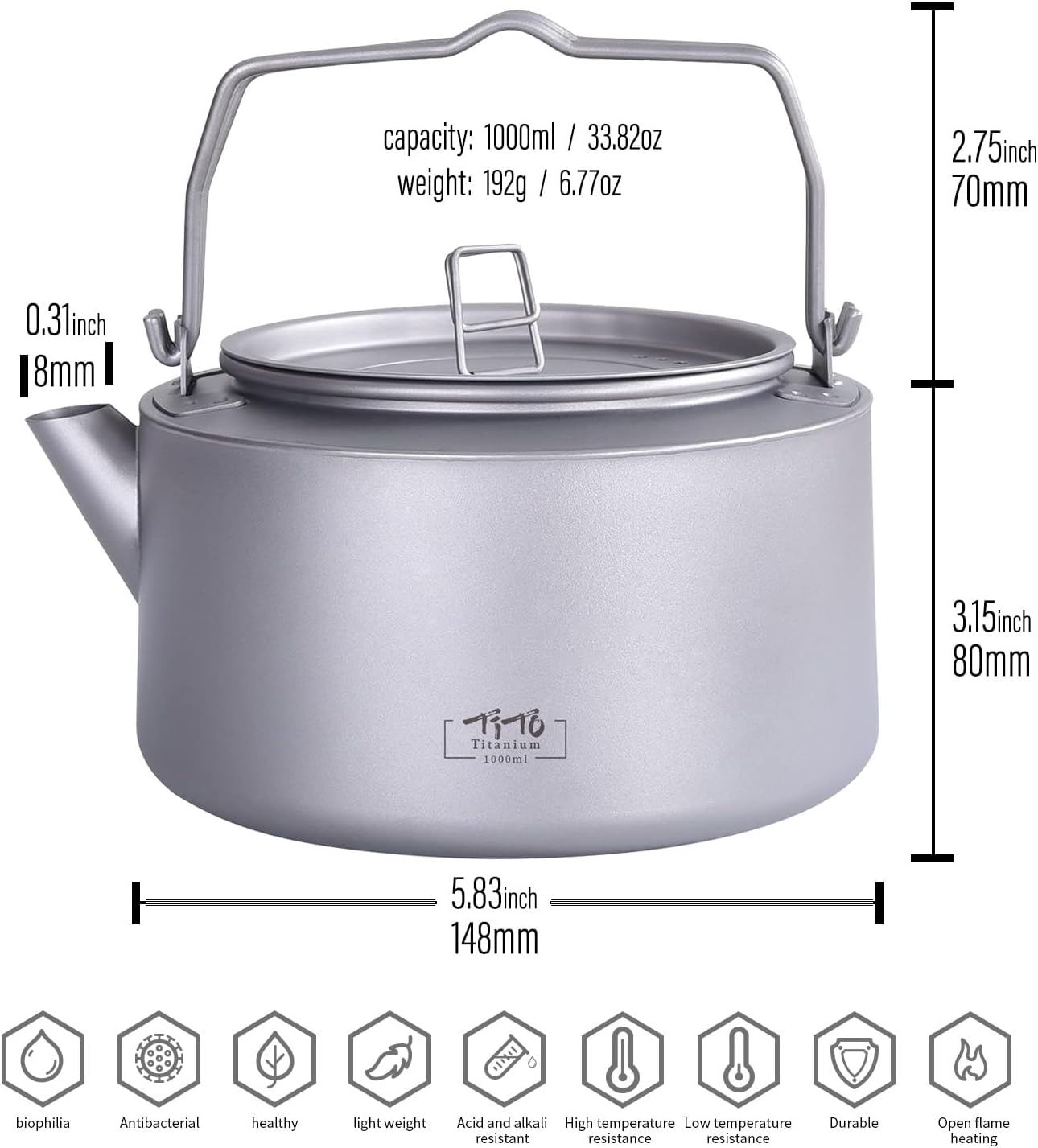 TiTo Titanium 1000ml/33.82fl oz Titanium Kettle with Folding Handle Filter Teapot Ultralight Portable Coffee Boil Water Pot for Outdoor Camping Hiking Travel Backpacking Drinkware (Matte)