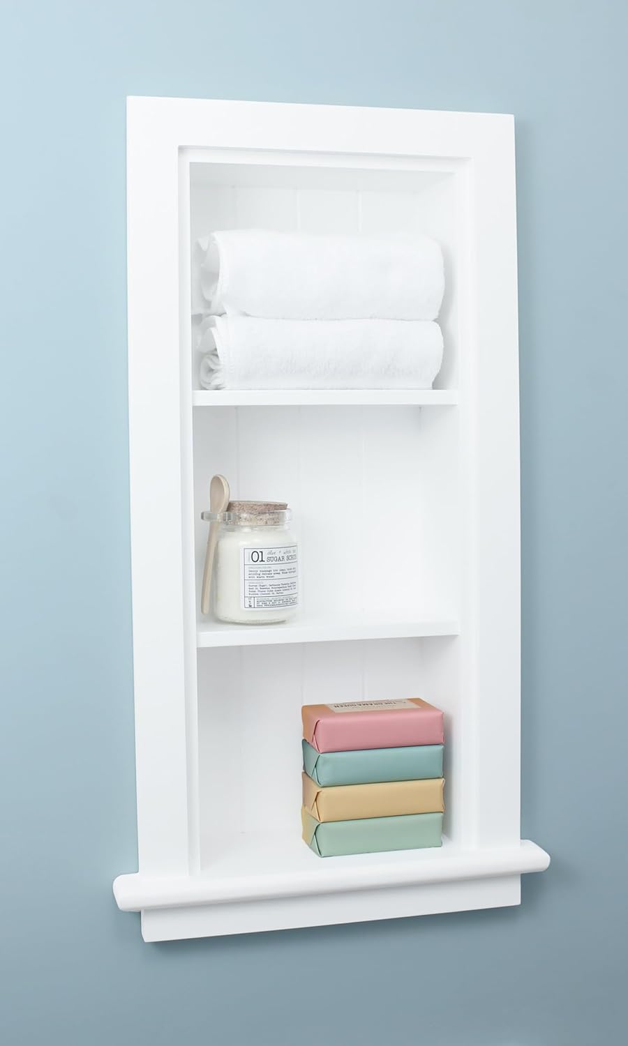 10x24 Slim Recessed Wood Bathroom Niche Medicine Cabinet Replacement w/ Ledge, Narrow Wall Niche Medicine Cabinet Replacement, Thin In The Wall Bathroom Cabinet Insert Shelf/Shelves, Beadboard, White