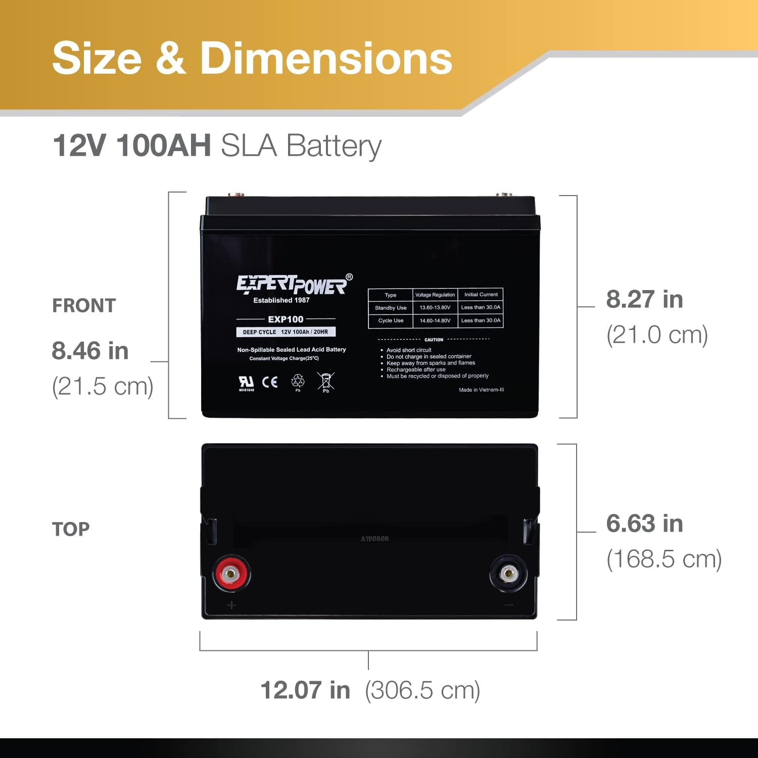 ExpertPower 12V 100Ah AGM battery with dimensions labeled for front and top views.