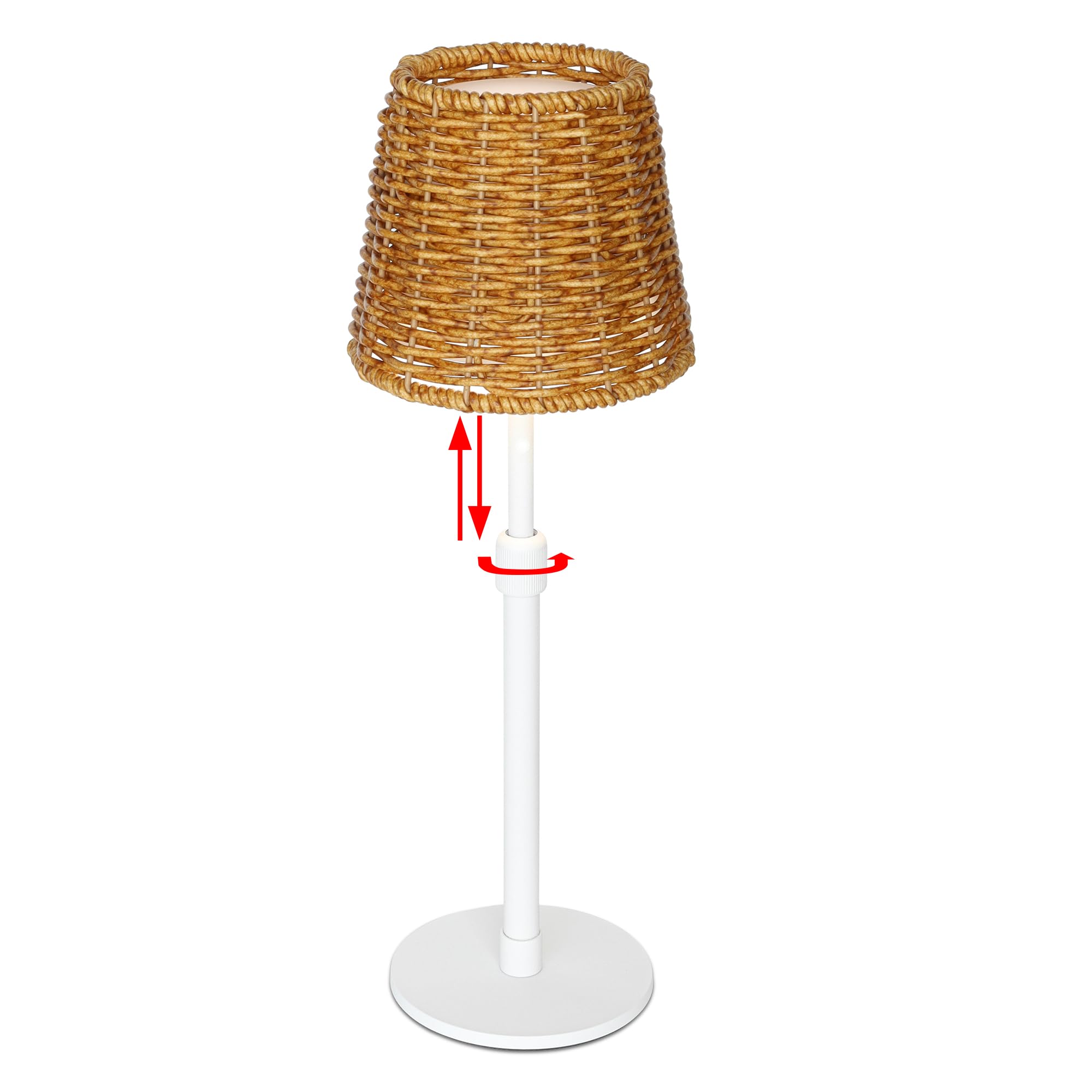 Mr.White Lampe de table d'extérieur étanche rechargeable sans fil avec abat-jour en osier, lampe de table à piles 5200 mAh avec poteau télescopique, pour terrasse, restaurant, cuisine (blanc)