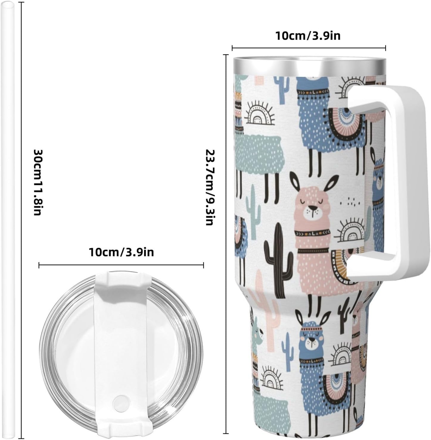 40 OZ Llama Alpaca Cactus Print Ice Bully Cup with Handle Straw Lid Straw,Stainless Steel Tumbler Coffee Cup