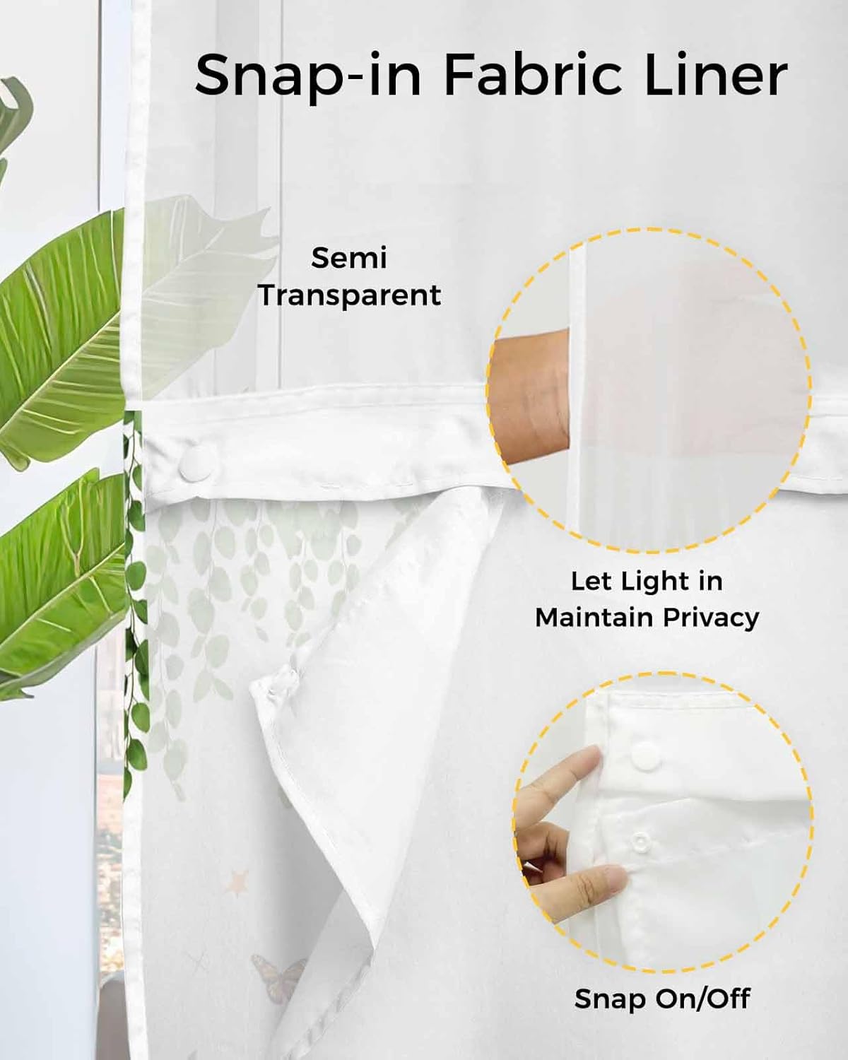 Bohemia No Hook Shower Curtain with Snap in Liner, Cute Fox Mushroom Butterfly Eucalyptus Leaf Bathroom Decor Waterproof Botanical Bath Curtain with See Through Mesh Top Window 72" x 72"