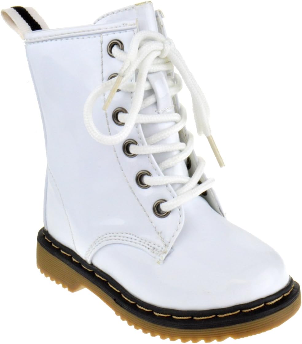 Forever Link Alyson-01KA Baby Girls Combat Lace Up Patent Boots White Toddler