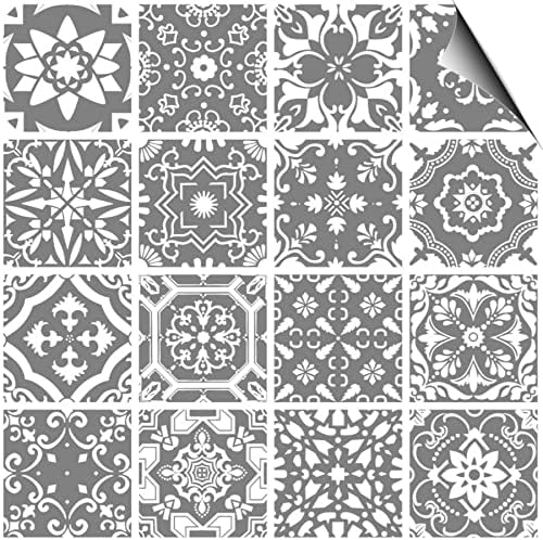 Artinstick DIY 4x4 Grey Tile Stickers Decals 24 Self Adhesive Moroccan Victorian Vinyl Backsplash Waterproof Peel and Stick on Tile Floor Kitchen Bathroom for Wall Mosaic Fireplace 10 x 10 cm