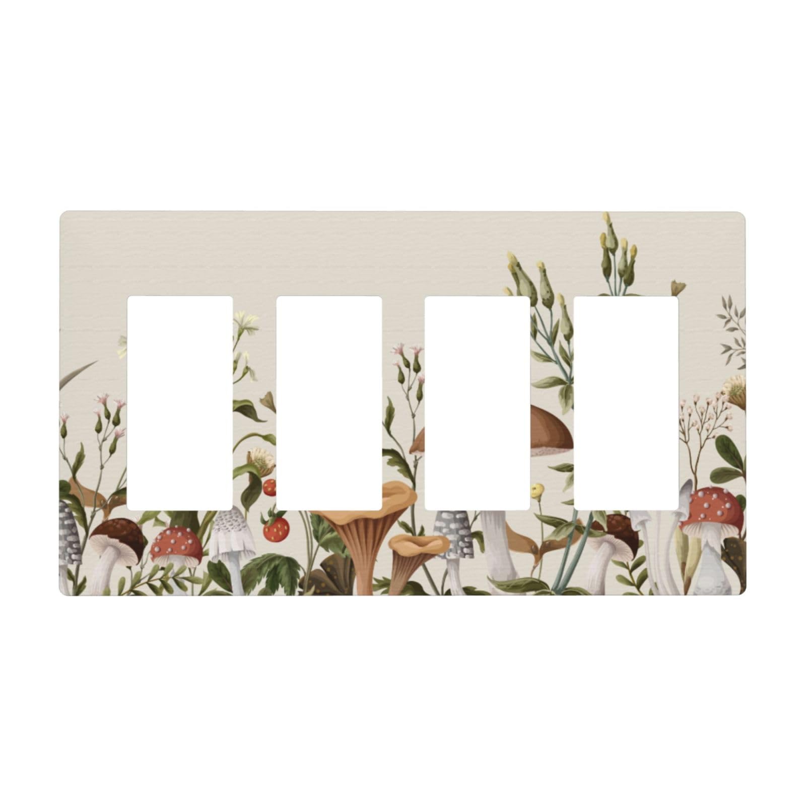 Beige Boho Mushroom Floral 4 Gang Quad Rocker/GFCI/Decorator Light Switch Cover Plate Decorative Electric Quadruple Faceplate Switchplate Screwless