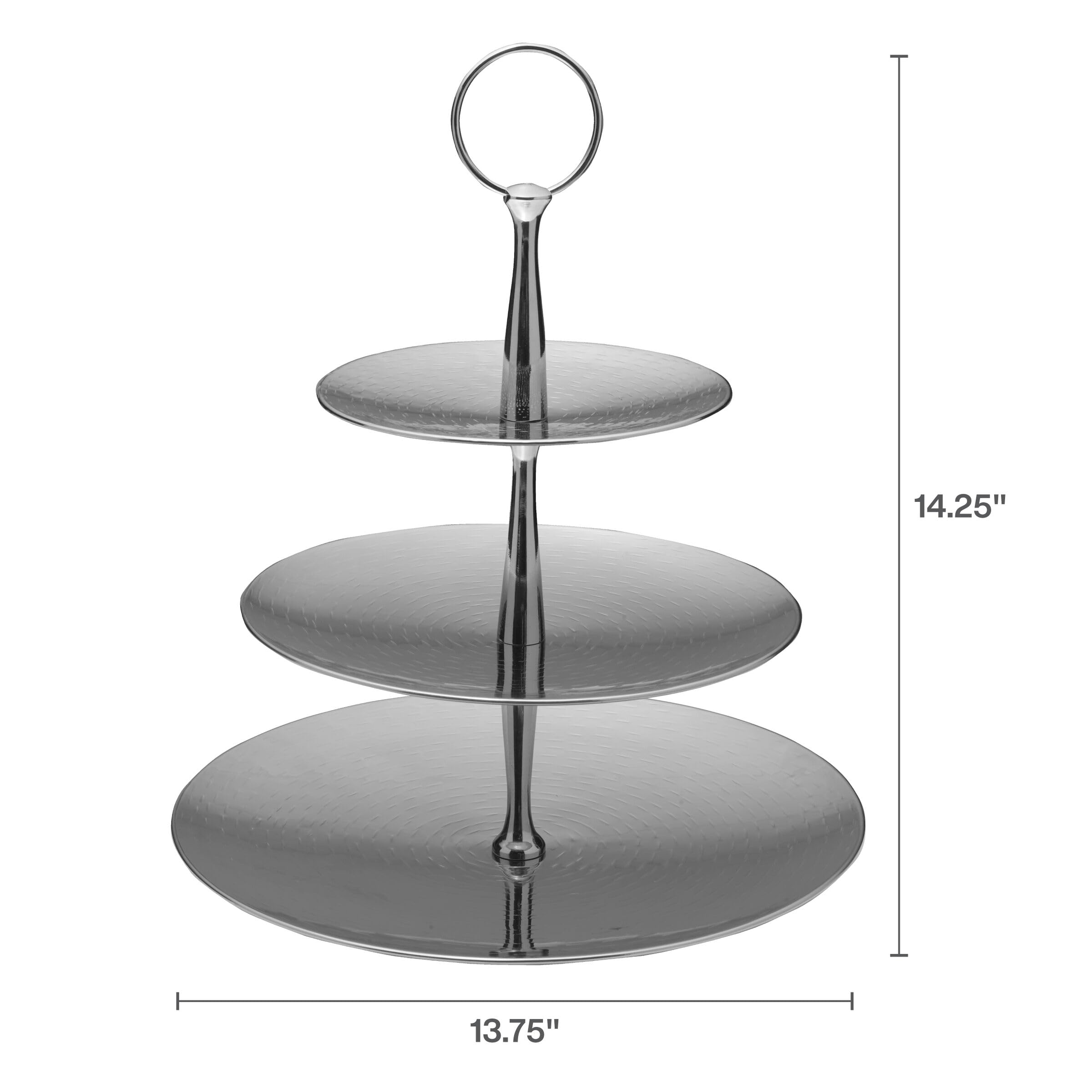 Mikasa Servidor texturizado de acero inoxidable de 3 niveles con acabado pulido y mango de anillo, elegante soporte de servir escalonado para postres, aperitivos y exhibiciones de entretenimiento