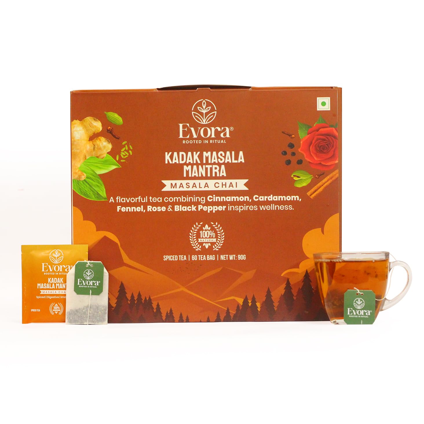 EVORA Kadak Masala Mantra Tea | Strong Spiced Assam CTC Masala Chai | Cinnamon, Cardamom, Ginger & Black Pepper | 60 Double Chamber Tea Bags