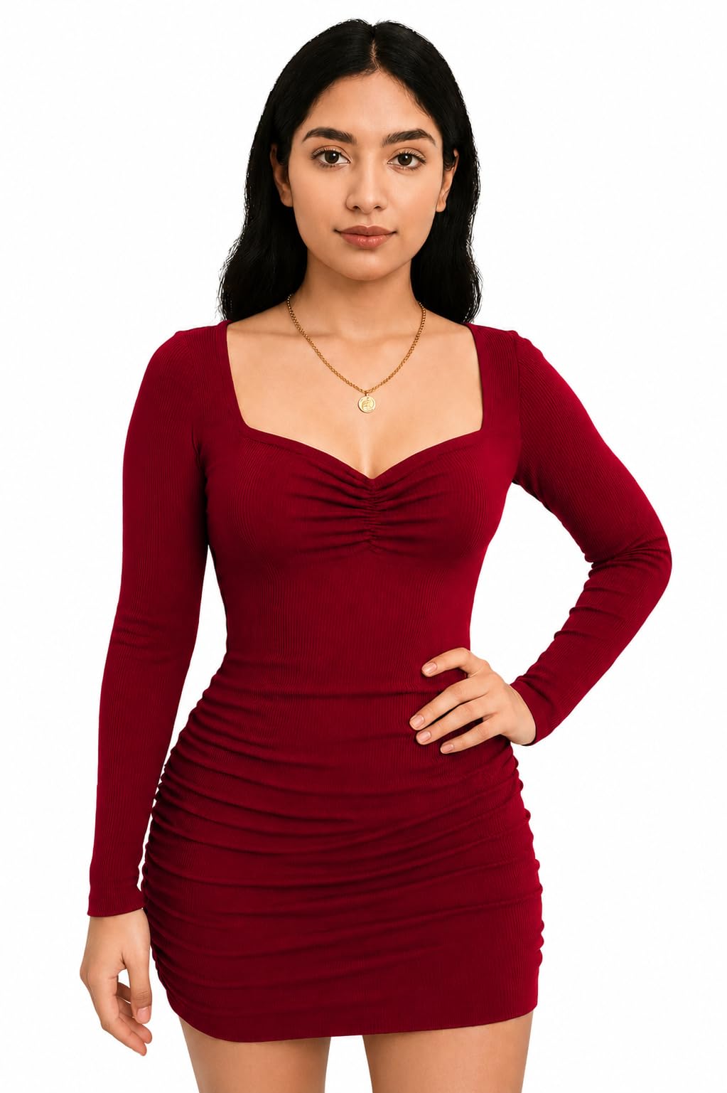 Women Brown Sweetheart Neck Bodycon Mini Dress | Korean Style Ruched One Piece Ruched Mini Short Dress-image-29