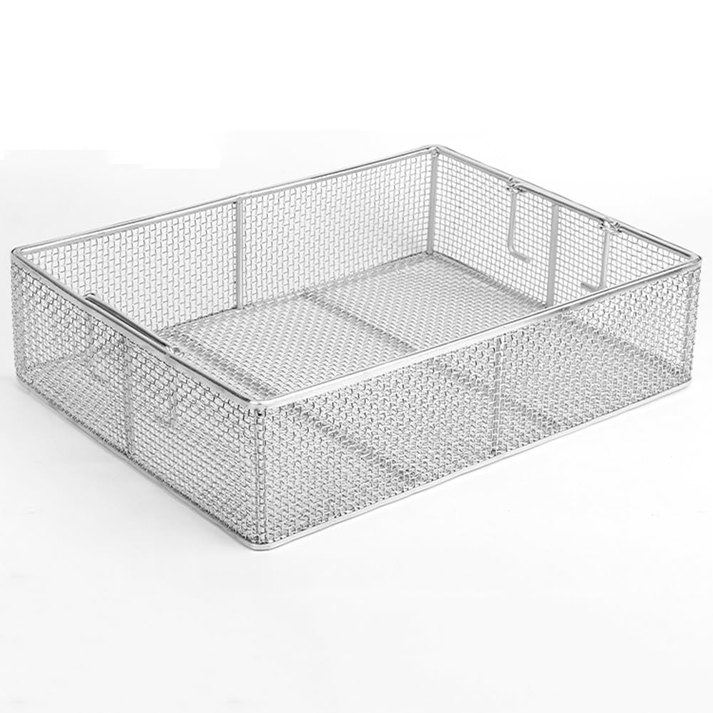 Vassoio per sterilizzazione medica in acciaio inossidabile, cesto rettangolare per lavaggio strumenti, design a rete perforata da 4 mm per una pulizia efficiente (45 x 28 x 7 cm)