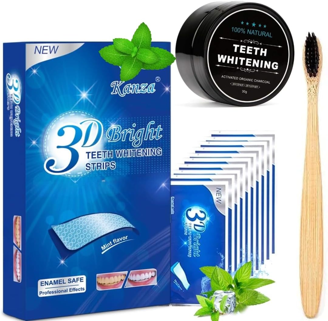 KANZA Teeth Whitening Powder Teeth Whitening Strips and Brush Set | PAP+ Effective 3D Teeth Whitener Strips,Activated Charcoal Bamboo Tooth Powder,Bamboo Charcoal,Safe Solution for Strong White Teeth