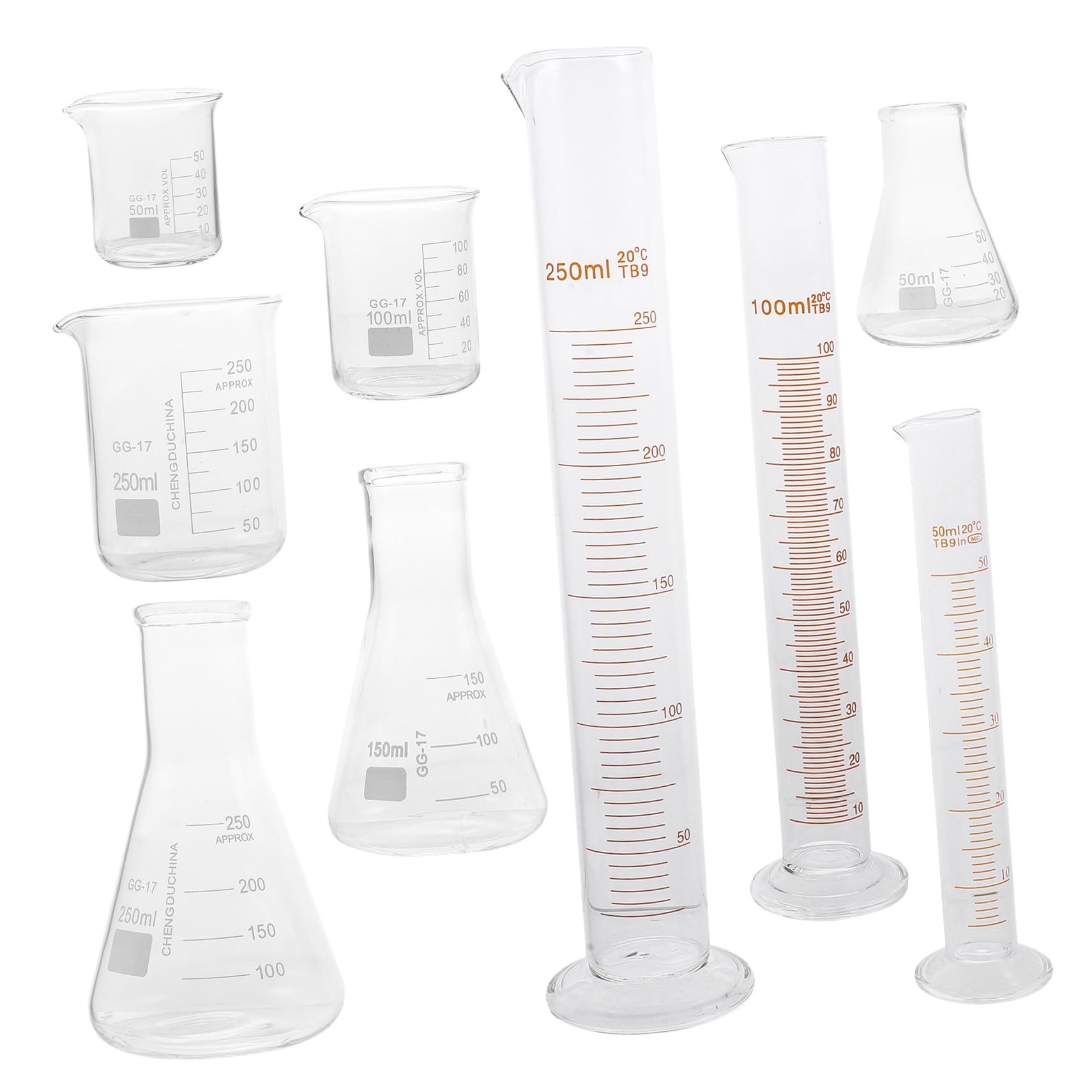Bécher Gradué de Laboratoire en Verre 9 Pièces, 50 à 250ml