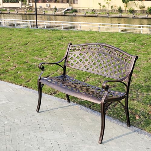 Condition photo showing New/Like New for benches, patio garden bench, metal park bench cast aluminum outdoor furniture with floral pattern backrest for porch, lawn, garden, yard,a,one size
