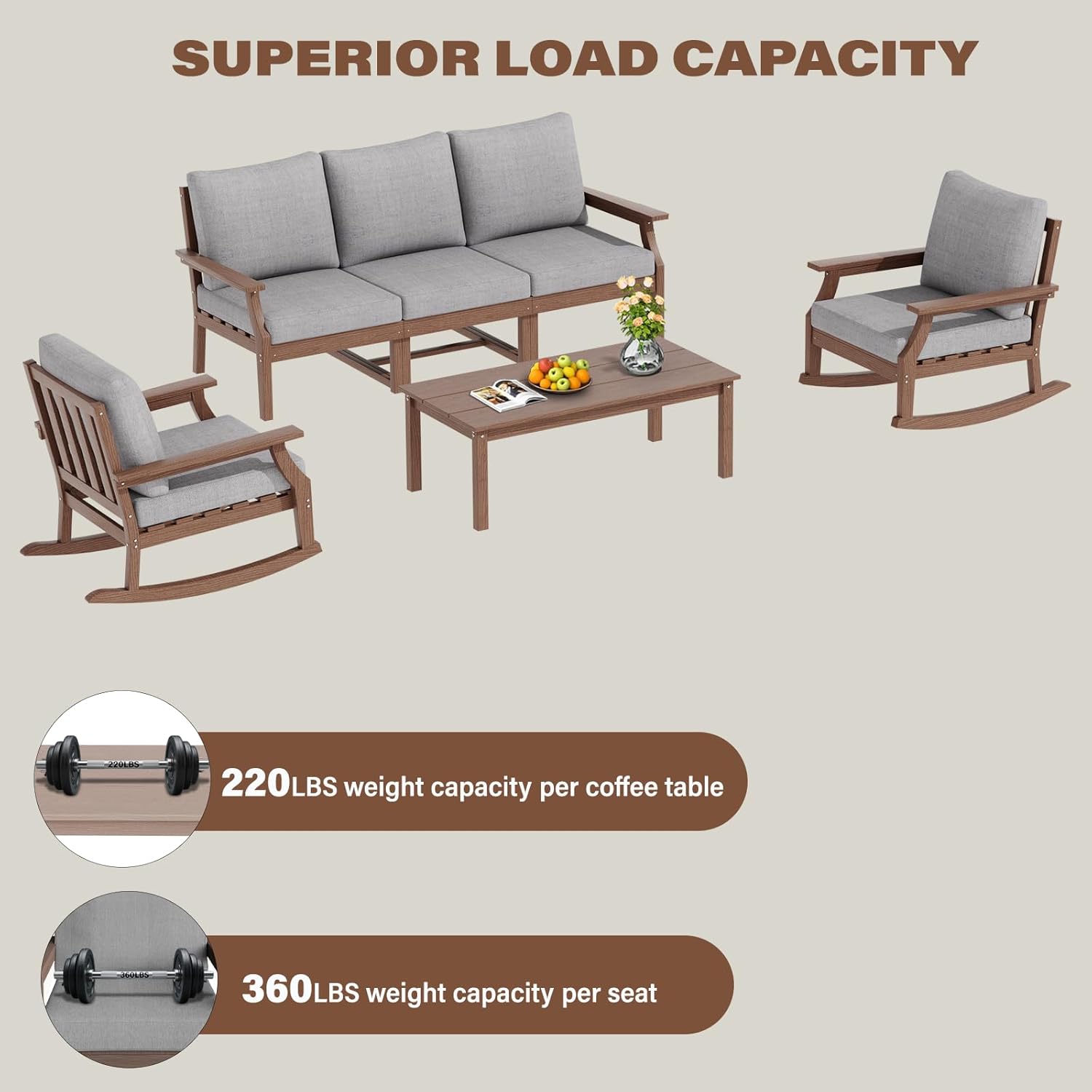 HDPE Patio Conversation Set, 6-Piece All Weather Outdoor Furniture Set with 2 Single Rocking Armchairs for Deck, Lawn, with Cushion, Brown