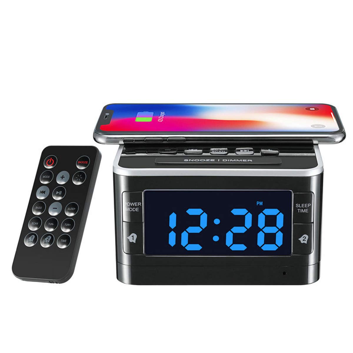 Portable Chargeur sans Fil Réveil Bluetooth Haut-Parleur, Surface de Maille extérieure Portable Audio de Radio FM stéréo de Chevet, Luminosité réglable Multifonction, 1