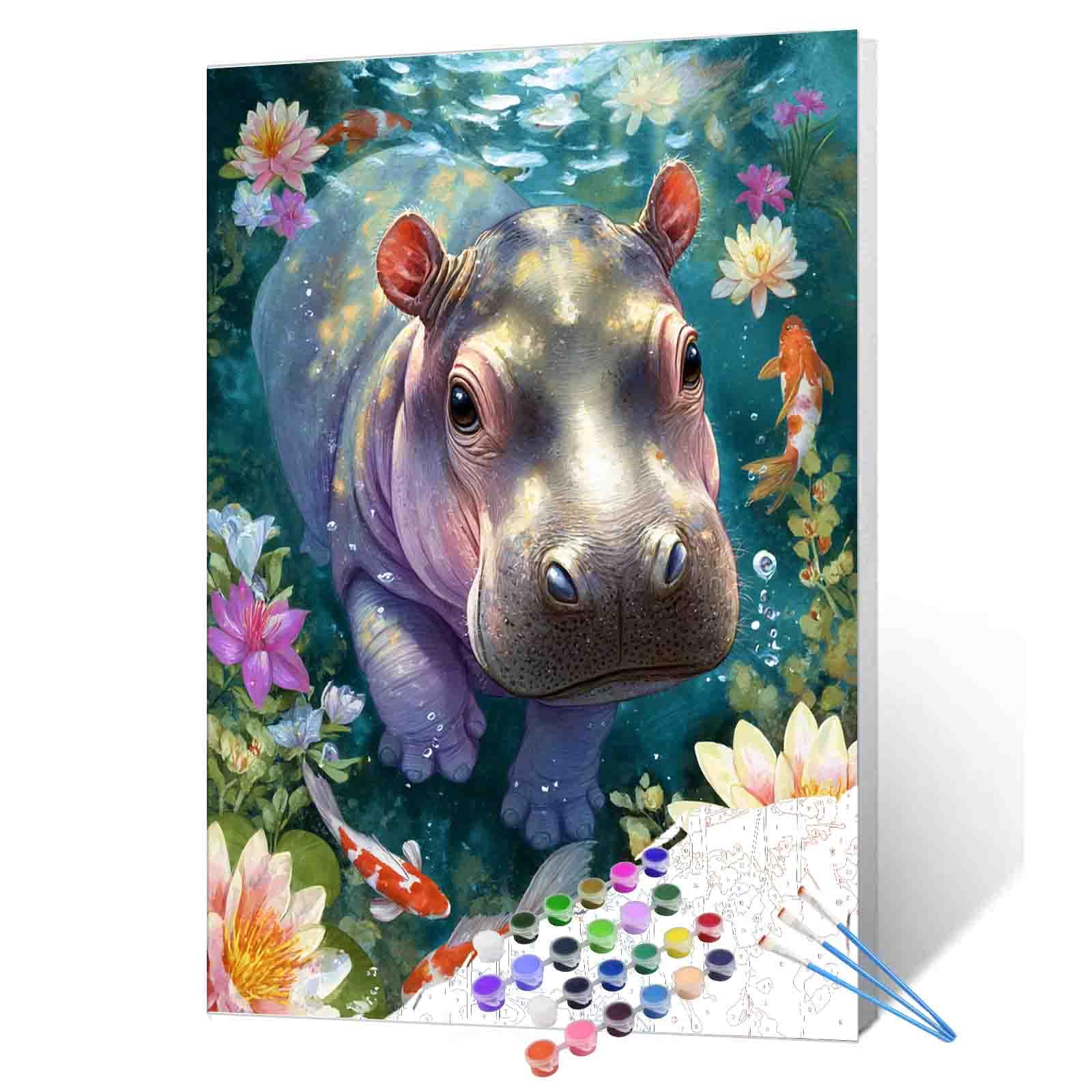 Cute Baby Hippo Swimming Paint by Numbers Kit for Adults Beginners on Canvas,Animals DIY Oil Painting Crafts Acrylic koi Fish Paintwork Home Wall Decoration Gifts 16X20 Inch (Frameless)