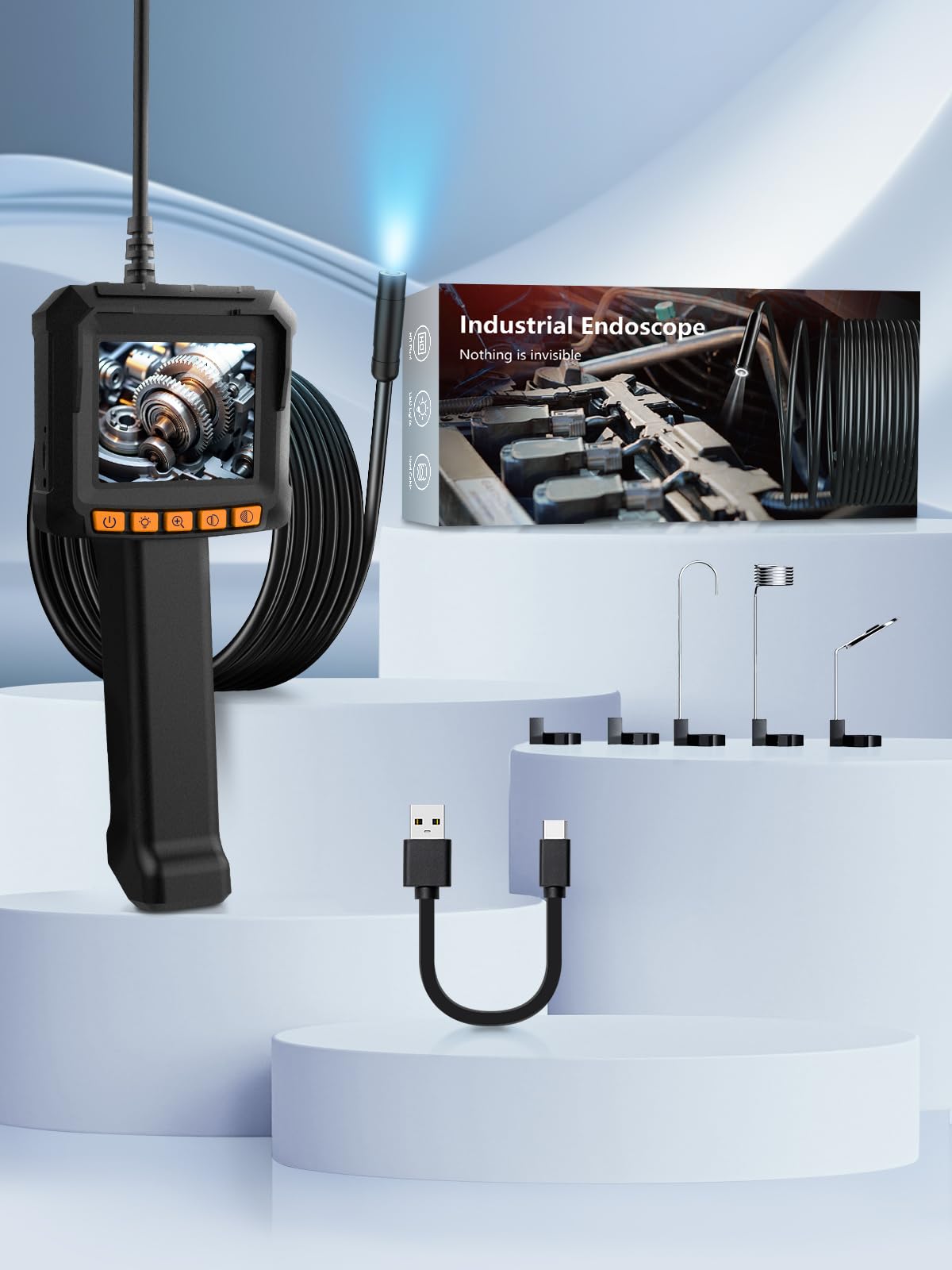 Cámara endoscópica con luz, Moman EOS1 Boroscopio 1080P HD, cámara de inspección digital de 2.4 pulgadas, pantalla IPS IP67, impermeable, boroscopio de mano, cámara de drenaje de serpiente con 8 luces