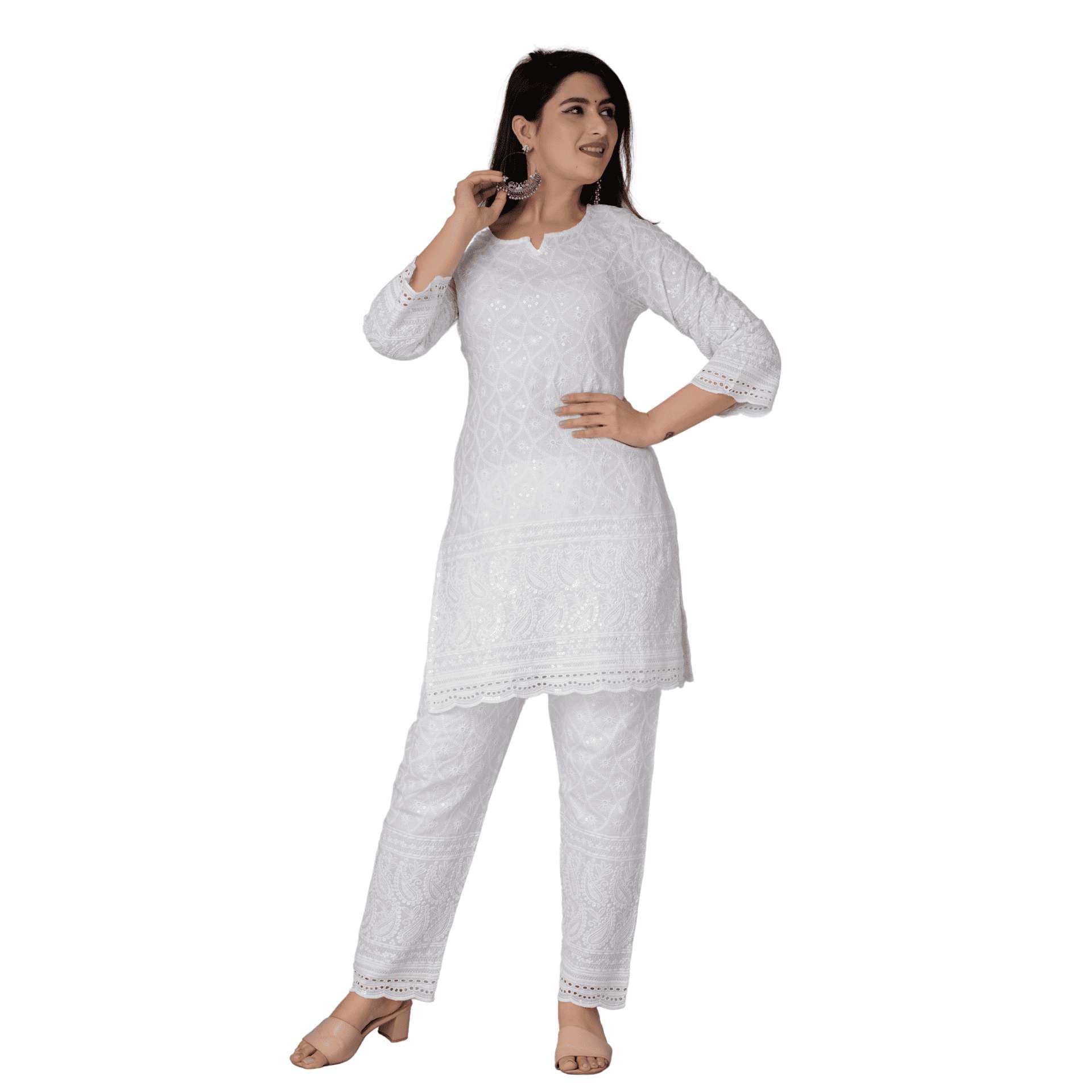 Chikankari Cotton Indian Kurtis For Women Summer Dresses Tunic Top Pant Set Pakistani Salwar Kameez Suit Set