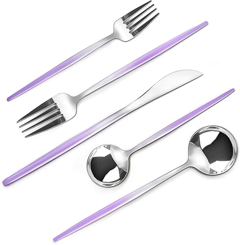 Juego de cubiertos de acero inoxidable de 20 piezas, color morado degradado, juego de utensilios de cocina para 4, incluye cuchillo, tenedorcuchara,