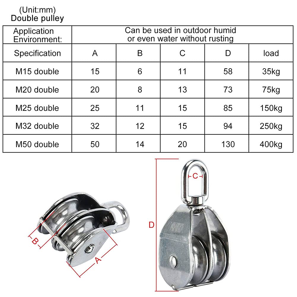 Lxuan-polea sincronizada M50 Bloque de polea doble 304 Rodillo de polea de acero inoxidable Rodillo de doble rueda de doble rueda de ruedas Poleas de poleas Juego de ruedas, 2pcs, Alta precisión